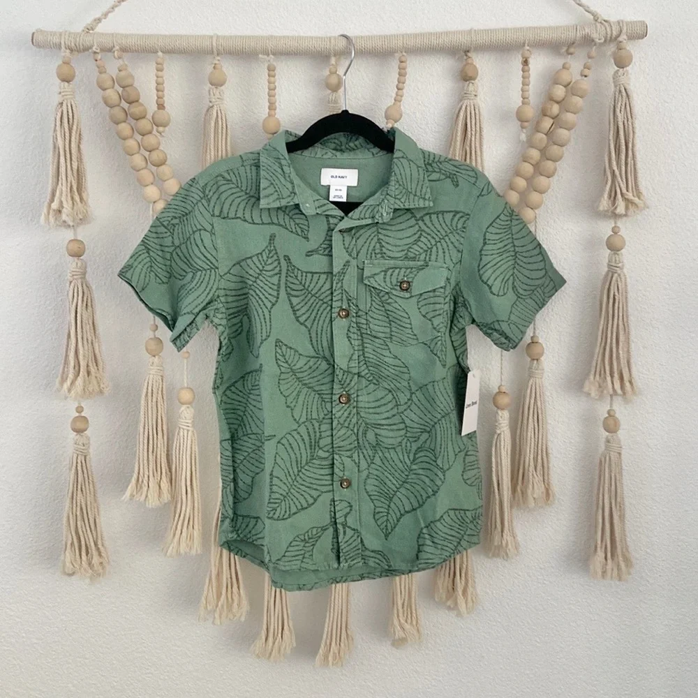 Old Navy boys green Hawaiian print linen shirt tropical luau summer xs 5